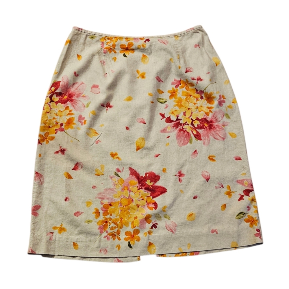 Vtg Liz Claiborne Floral Beige Pink Print Women's Skirt Linen Back Split Sz 16